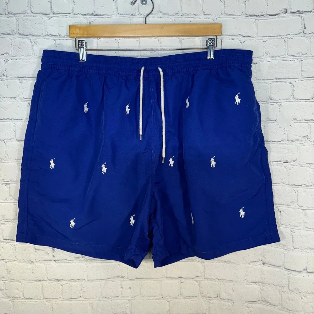 Polo Ralph Lauren Mens Royal Blue All Over Pony Embroidered Swim Trunks 2XB 2TG